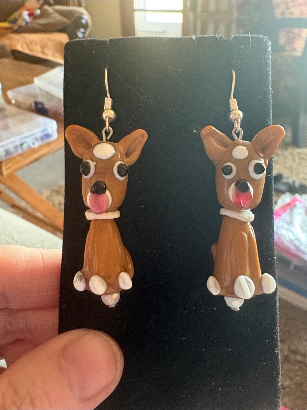 Handmade Brown Dog Glass Drop Earrings - Cute Pet Design